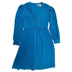 Vicky Tiel Blue V-Neck Long Sleeve Midi Dress Fit & Flare Sz S Vintage Style